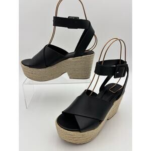 Alohas Platform Espadrille Sandals Black Leather Size 38 Adjustable Ankle Strap